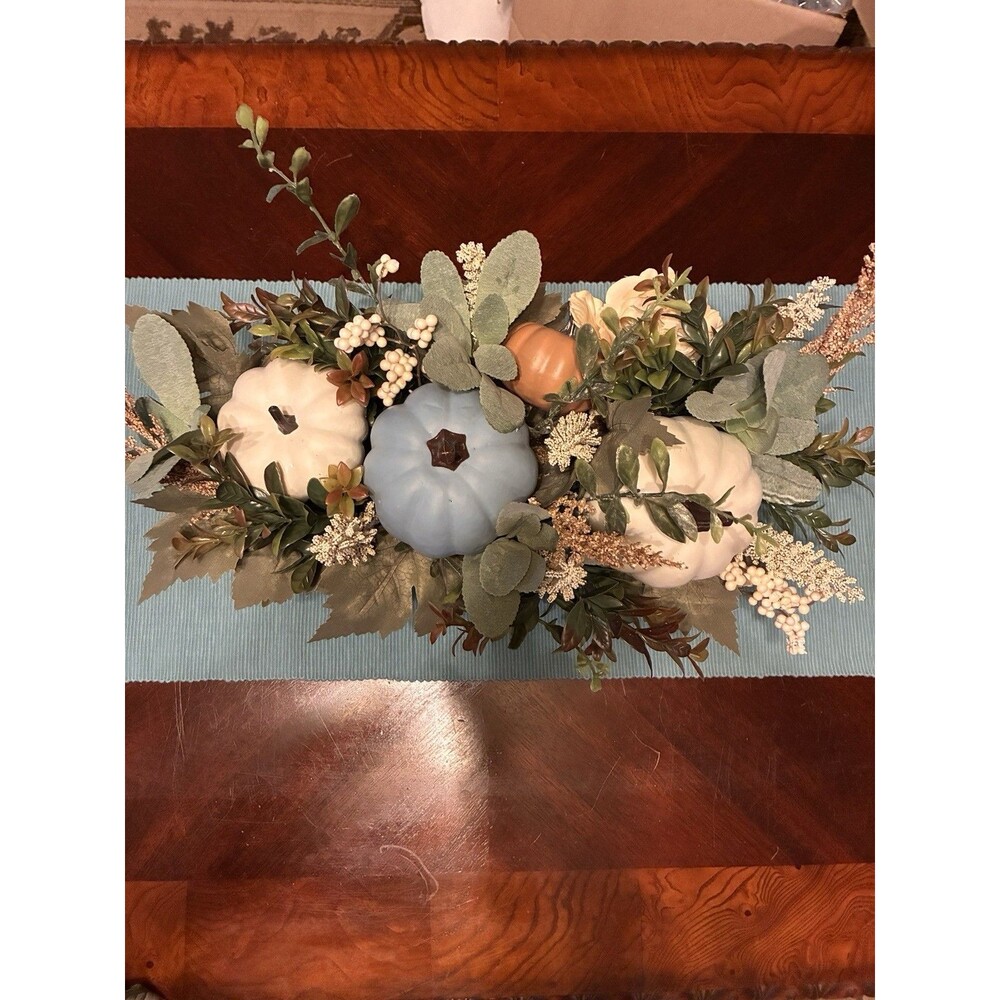 Fall Blue And White Arrangement W/ Blue Table Runner. Pumpkins And Greenery